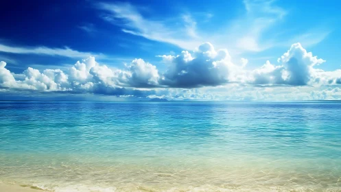 Calm coastal shoreline with clear blue sea and clouded sky.