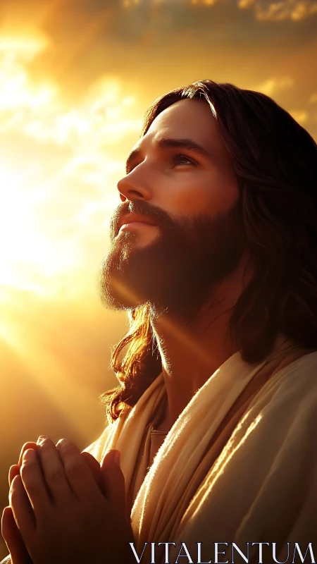 Prayerful robed figure in golden backlit sunset glow.