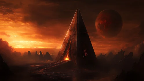 Pyramidal structure stands on volcanic terrain under red sky