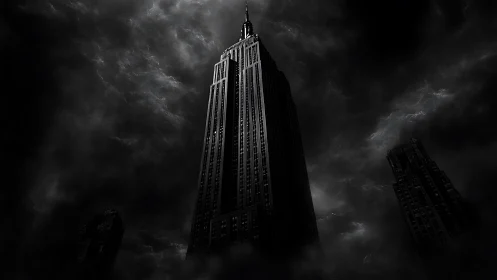 Storm-crowned tower knifing through a bruised night sky.