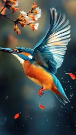 Graceful kingfisher gliding beneath soft spring blossoms.