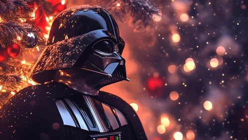 Helmeted sci‑fi figure near lit tree with seasonal decor.