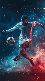 Dynamic football volley captured with dual-tone cinematic lighting