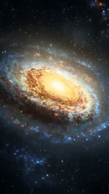 Spiral galaxy core rendered with luminous stellar halo.