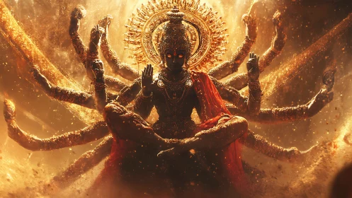 Digital painting of radiant multi-armed goddess in infernal aureole.
