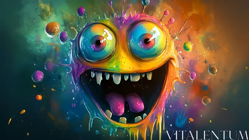 Neon paint splash monster bursts from dark cosmic void.