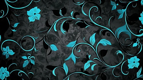Cyan Floral Scrollwork on Charcoal Damask Pattern.