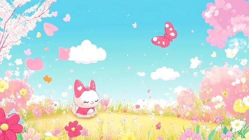 Kawaii rabbit character in pastel spring meadow under bright sky