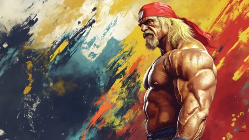 Bandana titan strides through molten streaks of color.