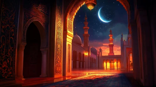 Crescent moon over glowing mosque courtyard at twilight