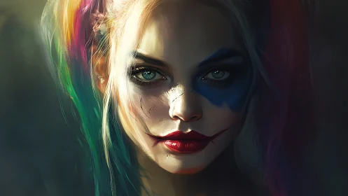 Female clown portrait shows intense gaze and smeared makeup