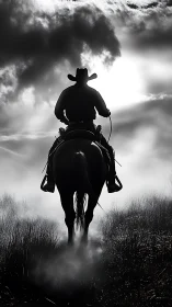 Lone cowboy rides through misty grassland at sunrise.