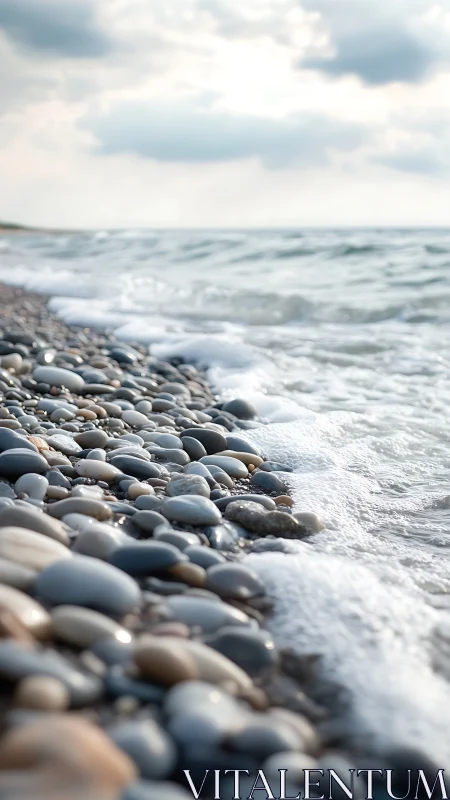 Shallow depth field shoreline pebbles with soft incoming waves