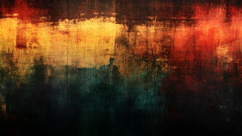 Abstract textured painting with warm red, yellow, and dark tones.