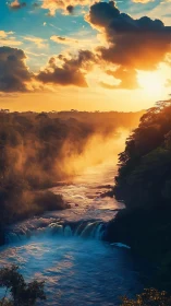 Sunlit river canyon breathes mist beneath blazing clouds.