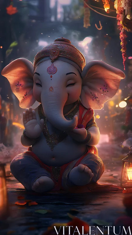 Childlike Ganesha figure seated in festive illuminated setting