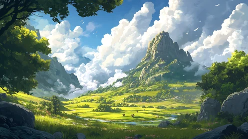 Luminous pastoral valley beneath stratocumulus-clad granite spire.