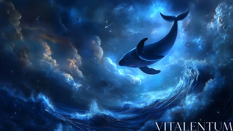 Dreaming with the cosmic whale above moonlit oceanscape.