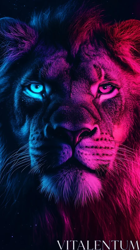 Bicolor neon lion portrait with split blue and magenta lighting.