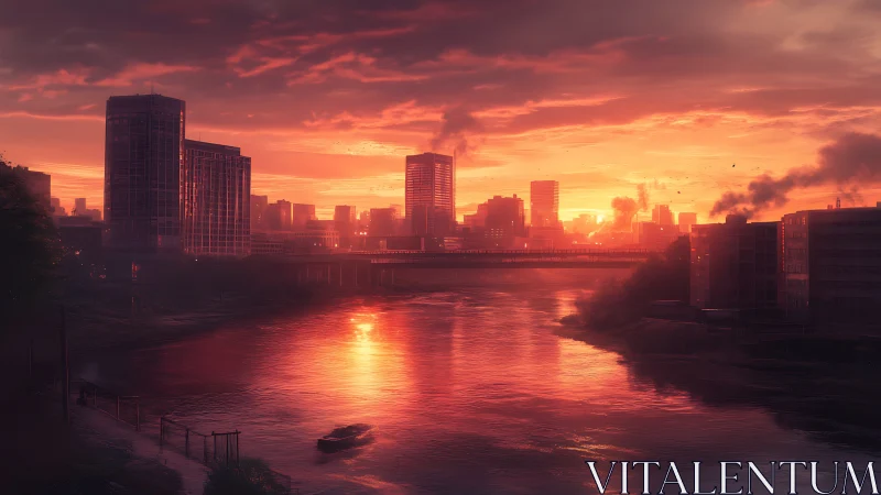 Fluvial urban skyline under volumetric sunset radiance study.