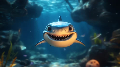 Smiling cartoon shark swimming in softly lit reef scene.