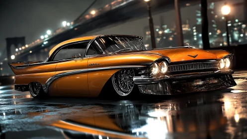 Custom lowrider classic car on wet city bridge at night.