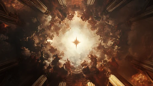 Radiant celestial gathering around a glowing star of light.