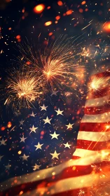 American flag overlayed with high-contrast fireworks and ember particles