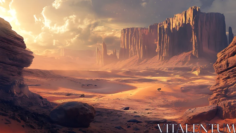 Rock formations and desert basin under diffuse sunset light.