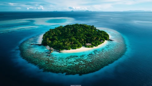 Tropical island atoll surrounded by coral reef formations.