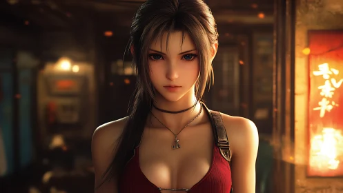 Strong, soft‑spoken heroine in a warmly glowing city street.