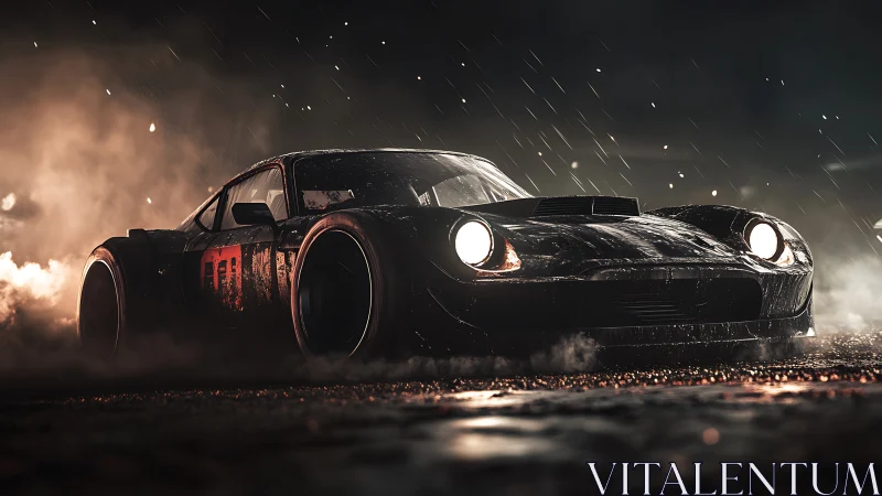 Midnight drift machine carving sparks through storm streets.