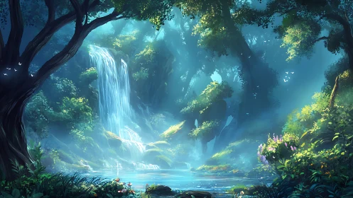 Luminous Forest Waterfall: Ethereal Digital Ecosystem.