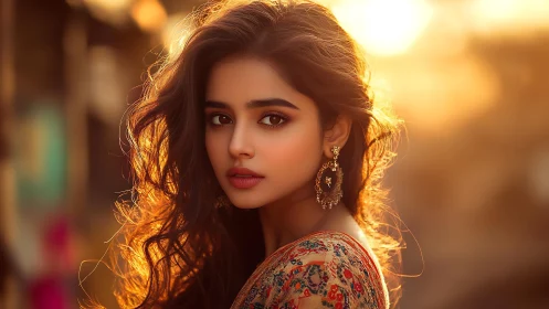 Sunlit curls trade secrets with dusk around her quiet gaze