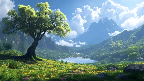 Solitary tree overlooks bright mountain valley lake vista