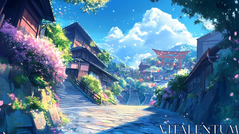 Spring lit hillside street toward distant torii gate vista.