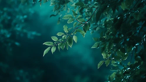 Dew-covered green leaves on branch in dreamy teal forest scene.