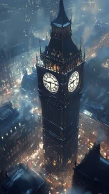 Nocturnal aerial study of Big Ben in dense cinematic fog