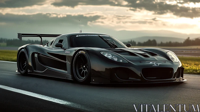 Black race car on track under cloudy evening sky.