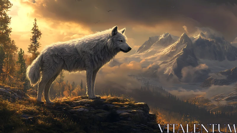 Digital painting of white wolf on alpine ridge at golden hour.
