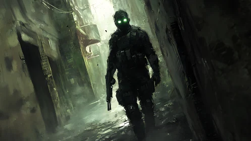 Stealth operative with glowing visor stalks a ruined alleyway.