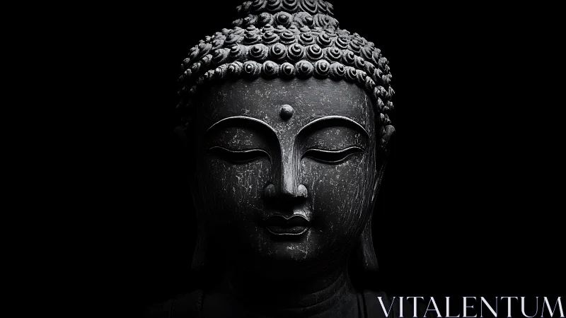 Low-key frontal Buddha sculpture portrait with directional side lighting