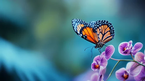 Monarch wings trade secrets with dew-kissed orchid blooms