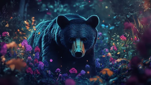 Nocturnal black bear in bioluminescent floral understory.