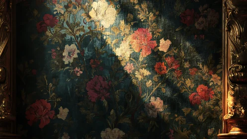 Sunlit floral tapestry framed by ornate golden borders.