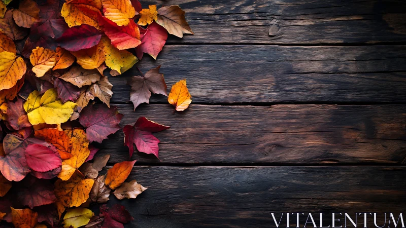 Autumn leaves form vivid border on dark weathered wood table