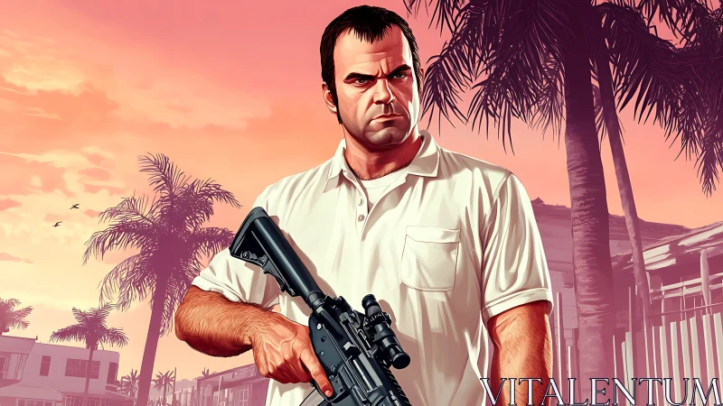 Grim gunman in polo shirt amid neon sunset palms illustration.