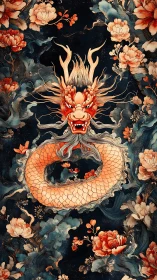 Coiled dragon with floral surround occupies vertical frame