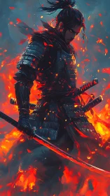 Firelit ronin carves silence through a storm of embers