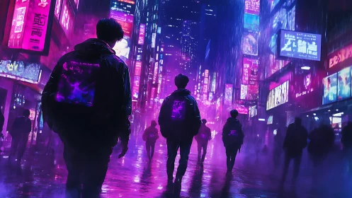 Neon rainwalkers drifting through a dreamy cyber city night.